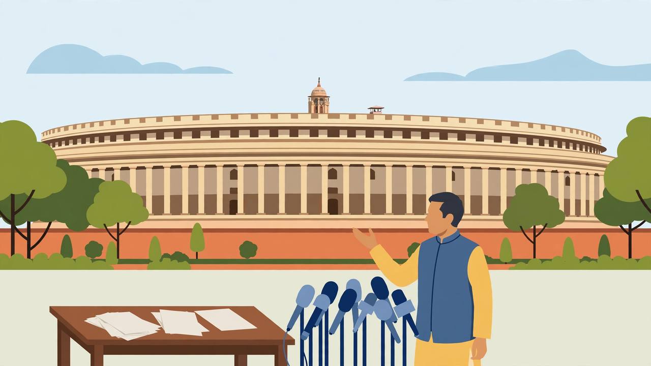 Editorial illustration of Parliament House in New Delhi with a generic opposition leader addressing press microphones beside unsigned trade papers