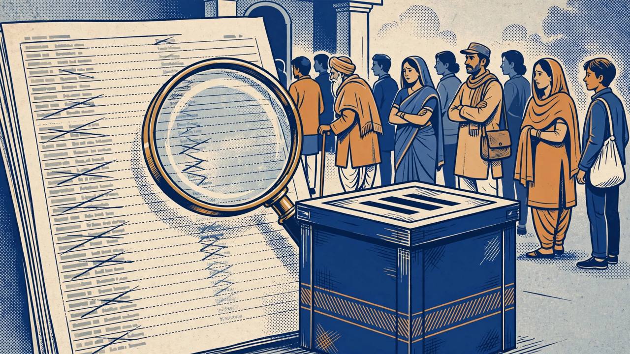 Editorial illustration of an electoral roll under a magnifying glass with a ballot box and generic voters in the background, no text