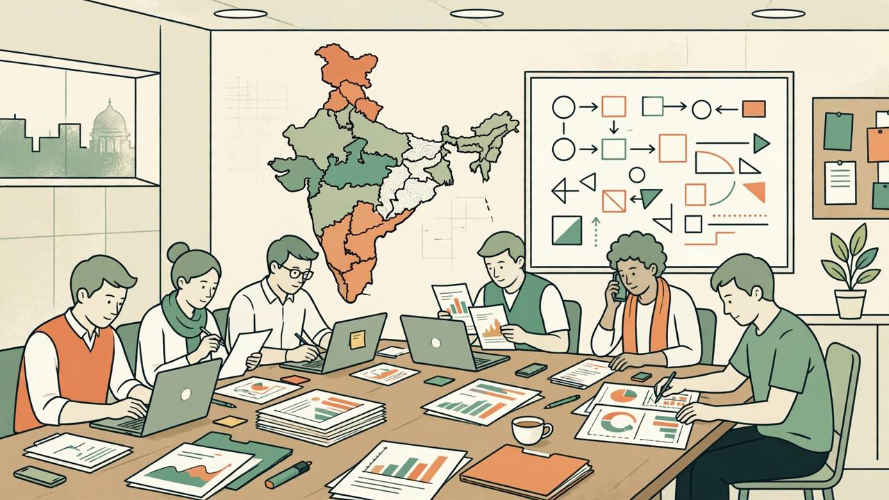 Editorial illustration of generic party workers at a long table in an election war room, with a wall map of India showing five highlighted states behind them; no real person depicted