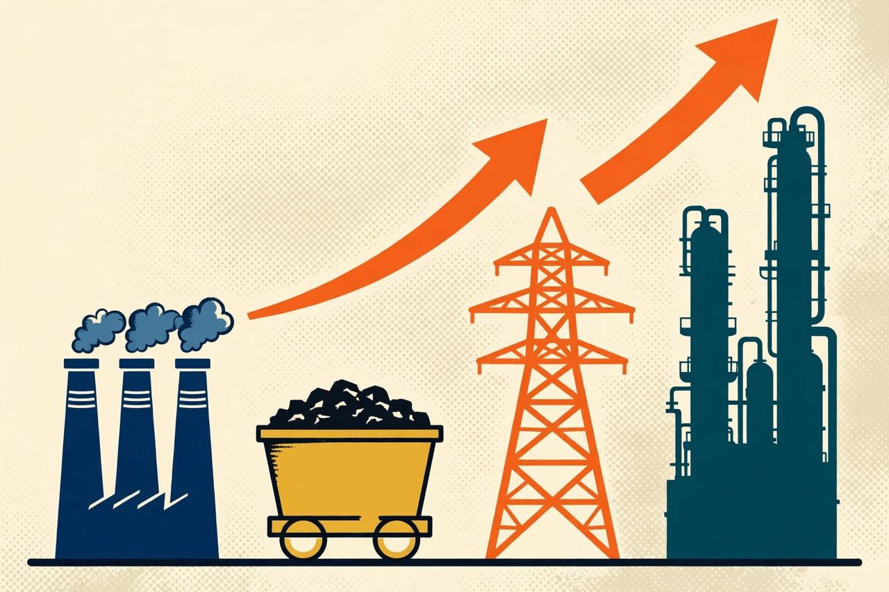 Editorial illustration of factories, a coal cart, an electricity pylon and a refinery forming a rising chart, flat style, no real faces, no text
