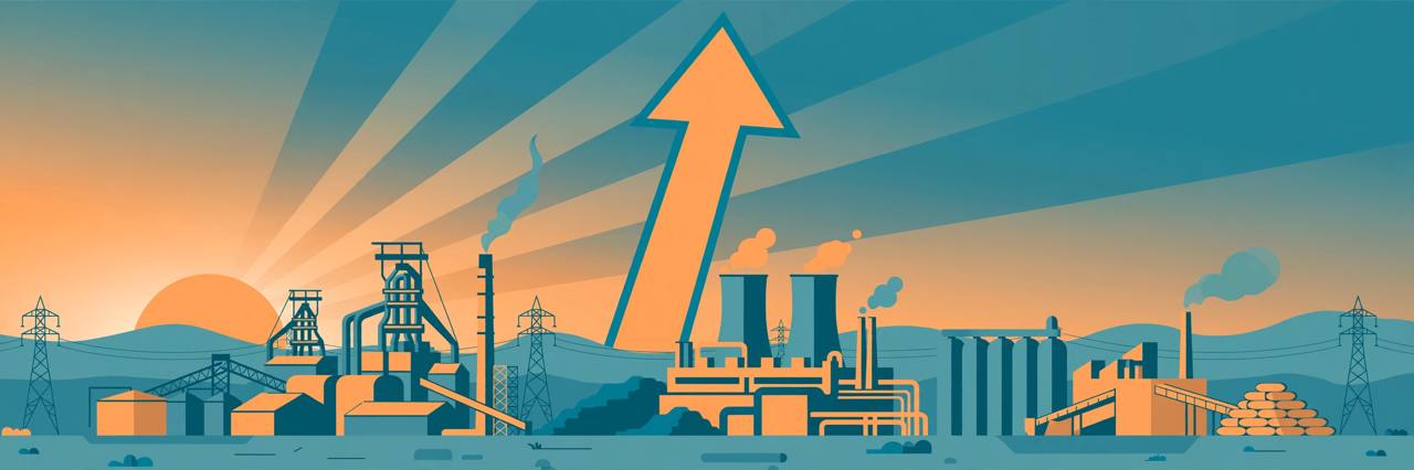 Editorial illustration of an Indian industrial skyline with a steel plant, power station and cement factory under a large rising arrow