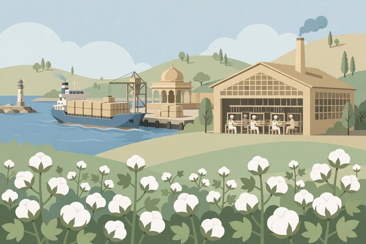 Editorial illustration of cotton bolls in a field, a cargo ship with cotton bales at a port and a textile mill