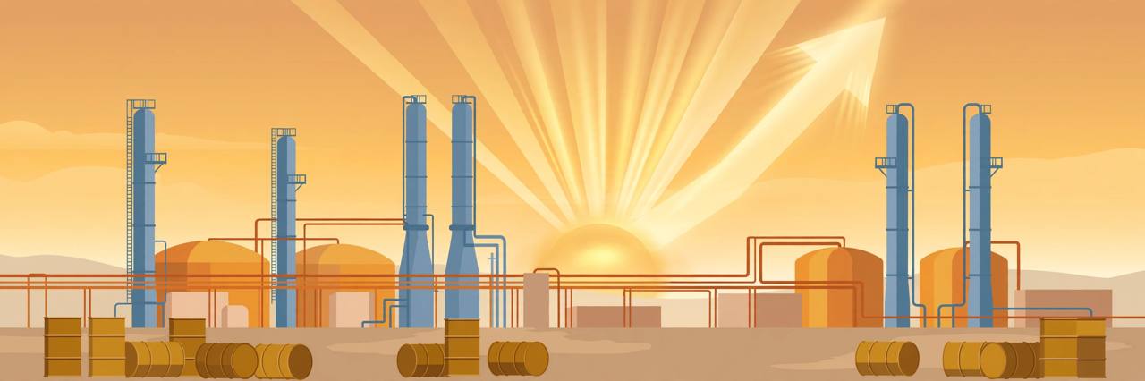 Editorial illustration of an oil refinery at golden hour with distillation towers, storage tanks, pipelines and barrels