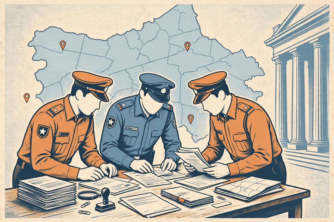 Editorial illustration of generic investigators examining identity documents and case files, with a stylised map of the Jammu region in the background