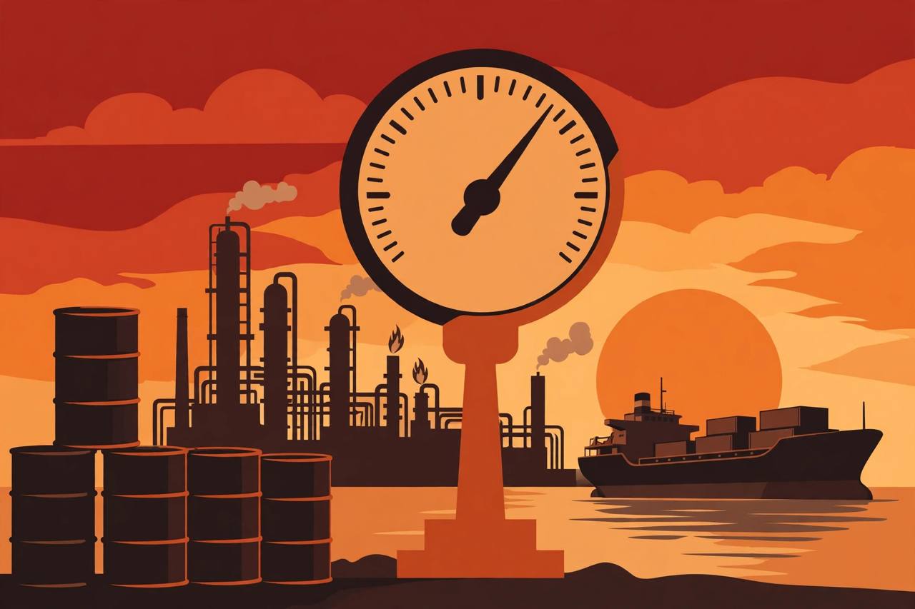 Editorial illustration of oil barrels, a refinery and a tanker beside a large rising price gauge at sunset