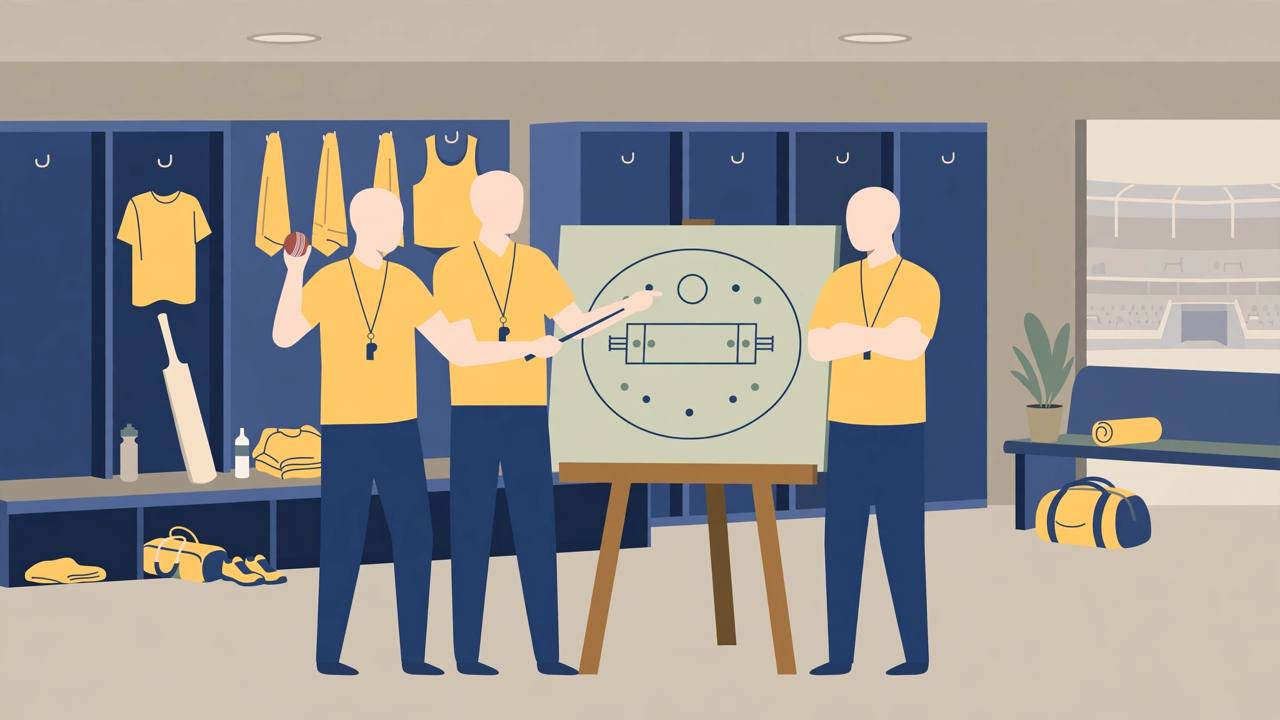 Editorial illustration of three generic cricket coaches in yellow training tops around a tactics board in a stadium dressing room, one holding a cricket ball