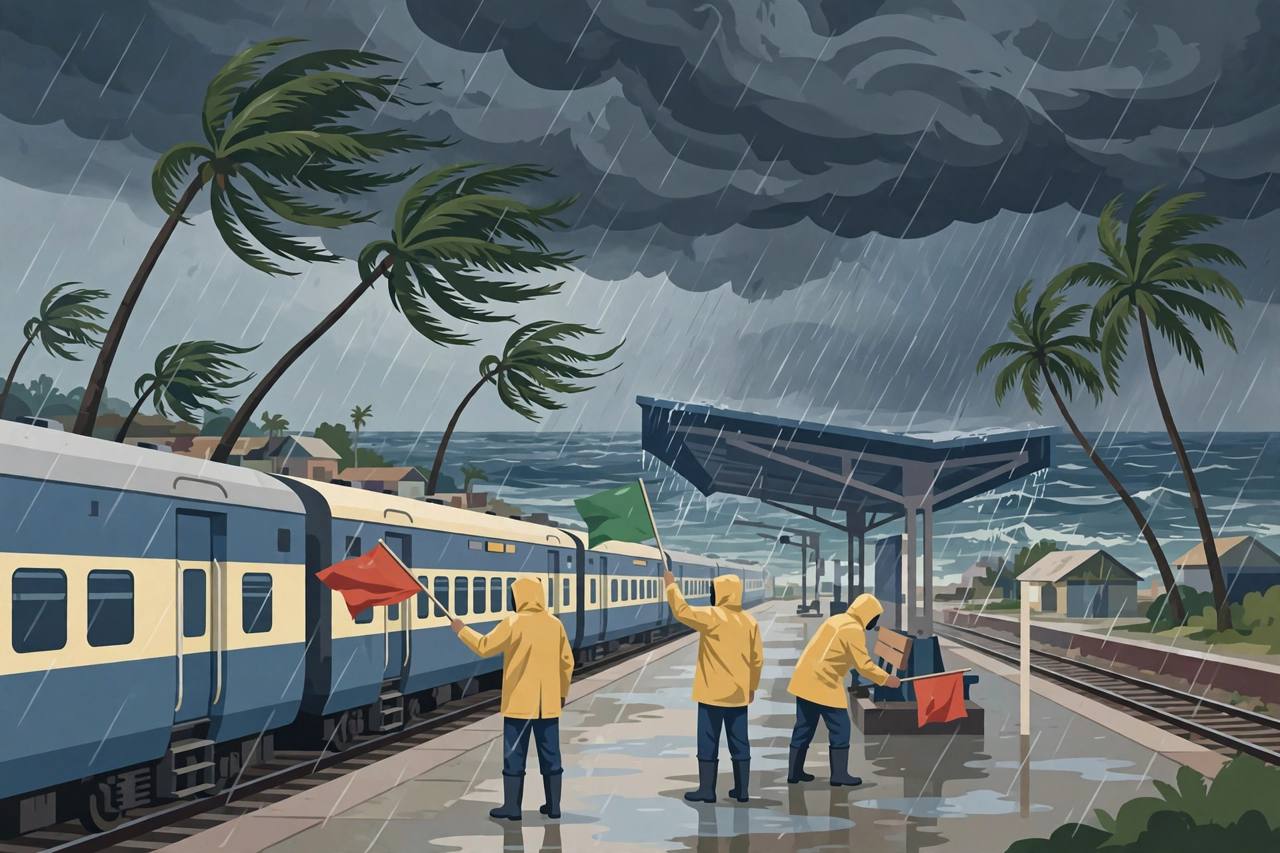 Passenger train stopped at a coastal station under dark cyclone clouds with palm trees bending in wind (Editorial illustration)