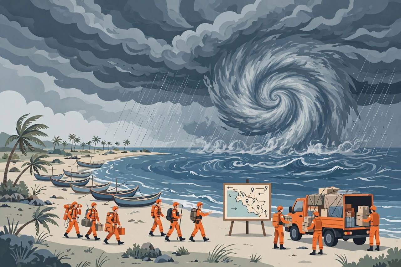 Editorial illustration of generic rescue teams in orange uniforms deploying on the Andhra Pradesh coast with fishing boats ashore and a cyclone swirling over the Bay of Bengal