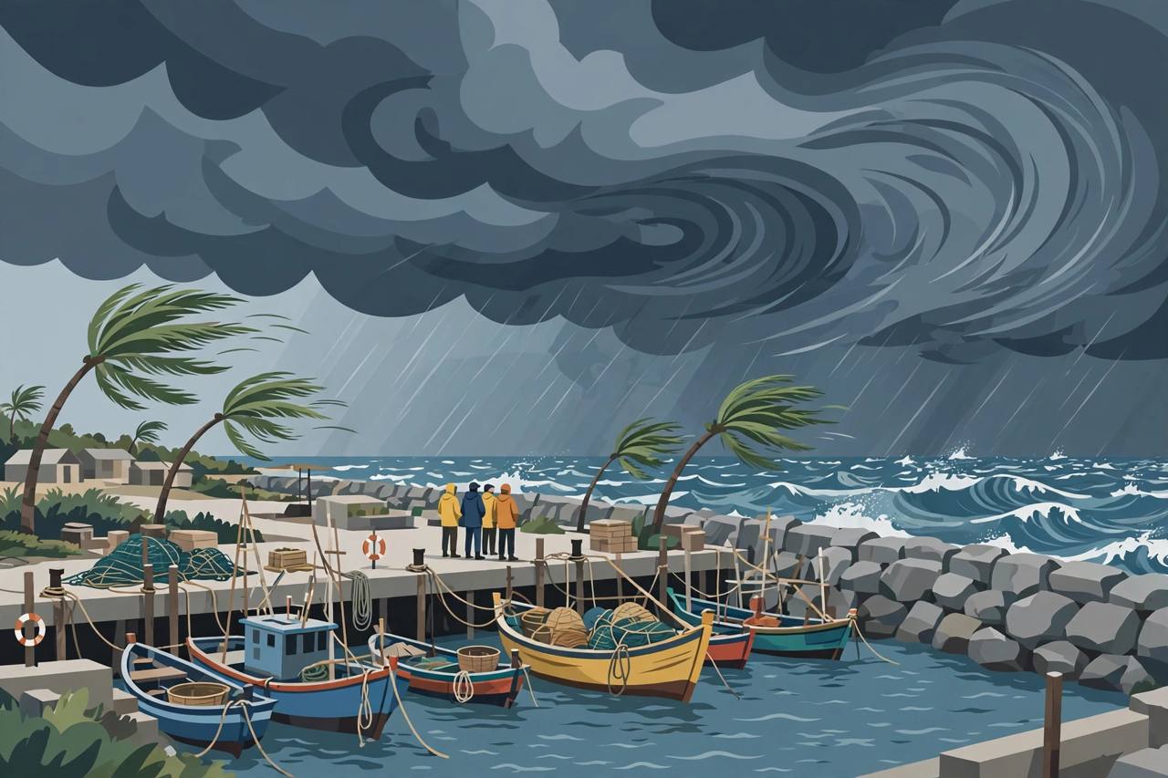 Editorial illustration of fishing boats tied up in a harbour under dark cyclone clouds on India's east coast