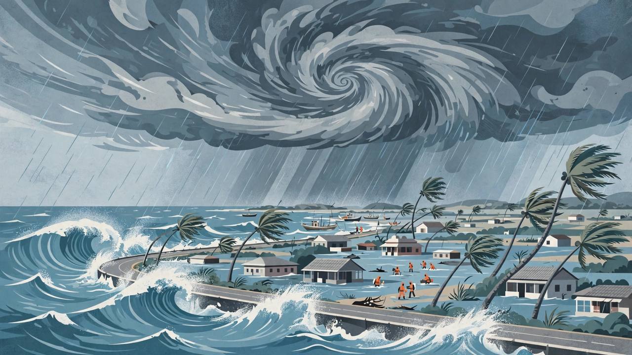 Editorial illustration of a cyclone swirling over a coastal Andhra Pradesh town, waves crashing over a coastal road, bent palm trees and rescue workers near flooded homes