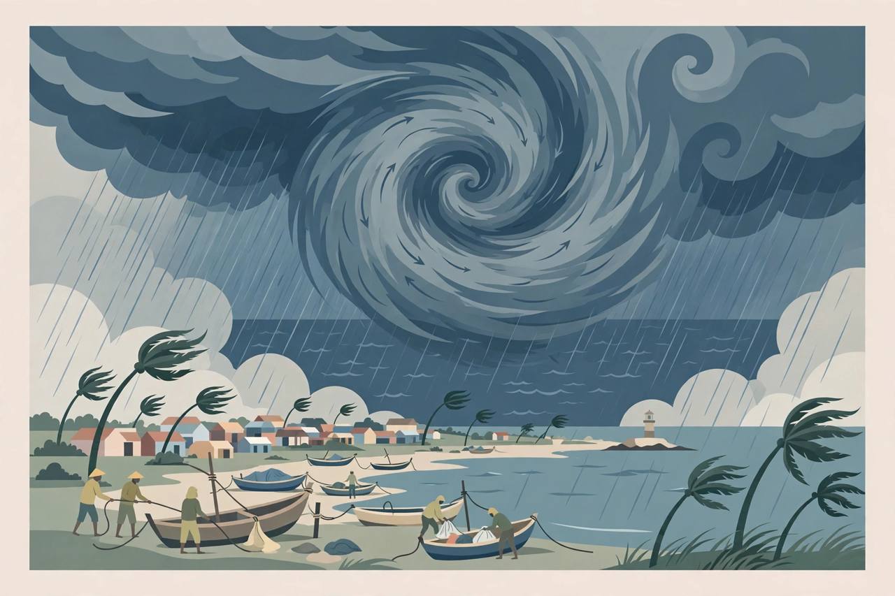 Editorial illustration of a cyclonic storm swirling over a Bay of Bengal coastline with generic fishermen securing boats and palm trees bending in wind