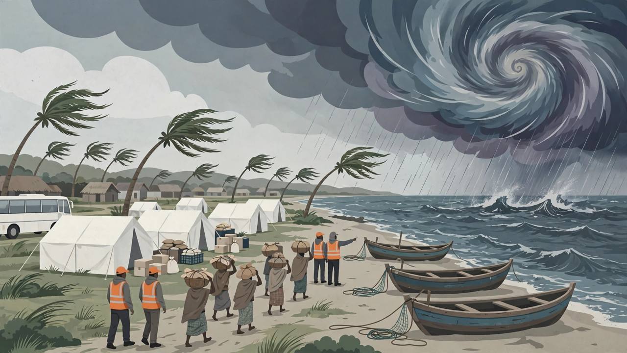 Editorial illustration of a cyclone evacuation on India's east coast: generic villagers carrying bundles towards relief tents and a bus, fishing boats pulled ashore, aid workers in orange vests, and a storm spiral over a rough sea