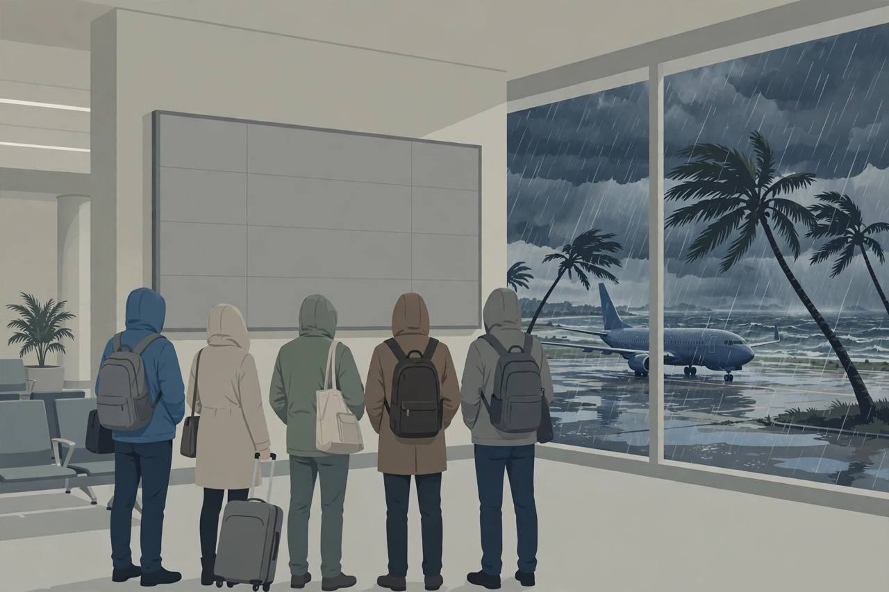 Editorial illustration of travellers at a coastal Andhra Pradesh airport during a severe cyclone, with a grounded plane on a wet tarmac in heavy rain