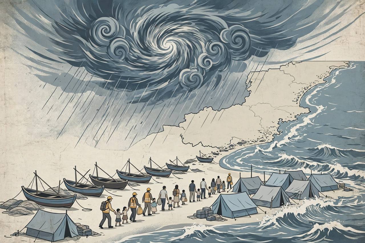 Editorial illustration of a cyclone over the Andhra Pradesh coast, with generic rescue workers guiding generic families to relief camp tents and fishing boats pulled ashore