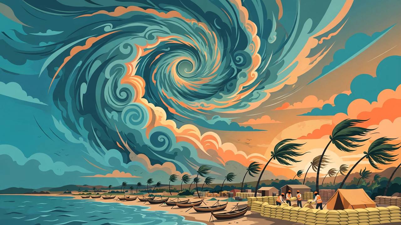 Editorial illustration of a huge spiral cyclone with a clear eye approaching the Andhra Pradesh coast, fishing boats ashore and relief workers near sandbags