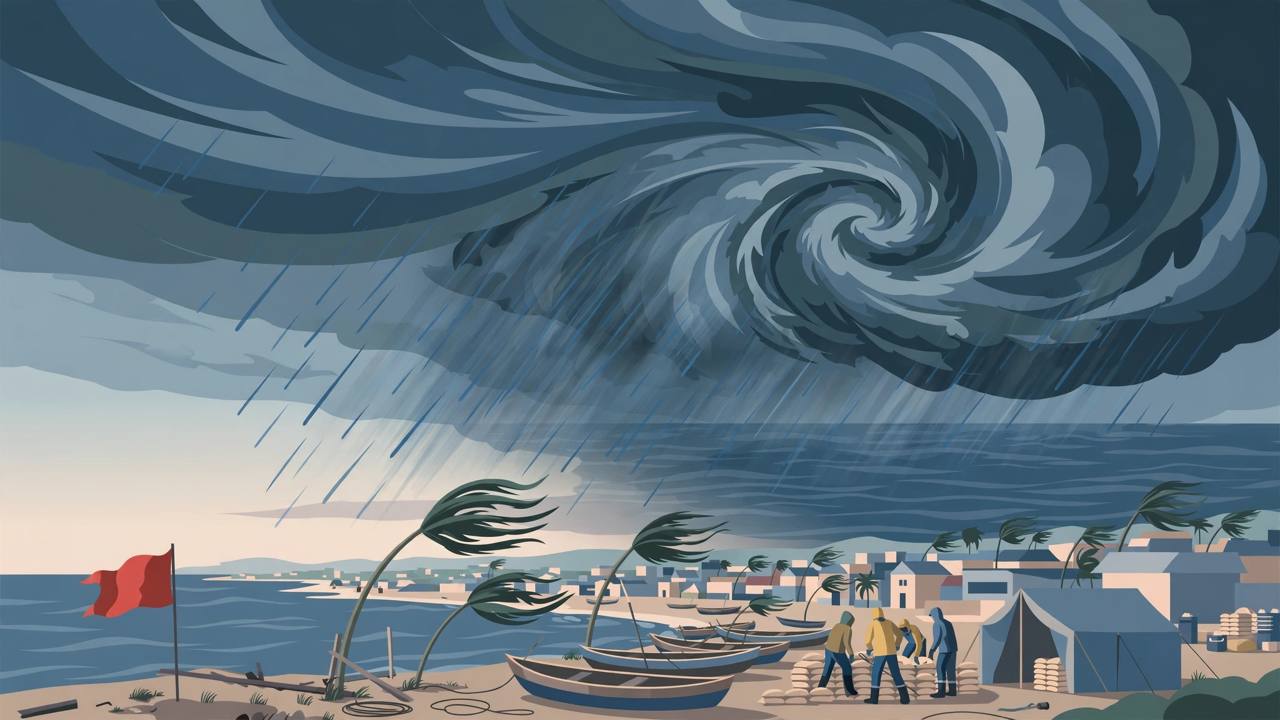 Editorial illustration of a cyclonic storm spiral over the Bay of Bengal approaching India's east coast, with generic emergency workers preparing a coastal town