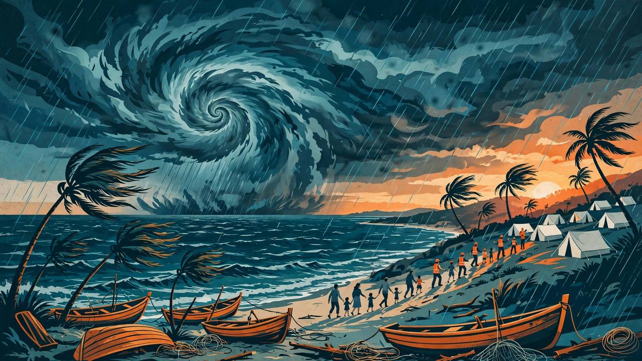 Editorial illustration of a huge cyclone spiral over a stormy sea approaching a coastline, with fishing boats pulled ashore, palm trees bending in the wind and generic rescue workers guiding generic families toward relief-camp tents