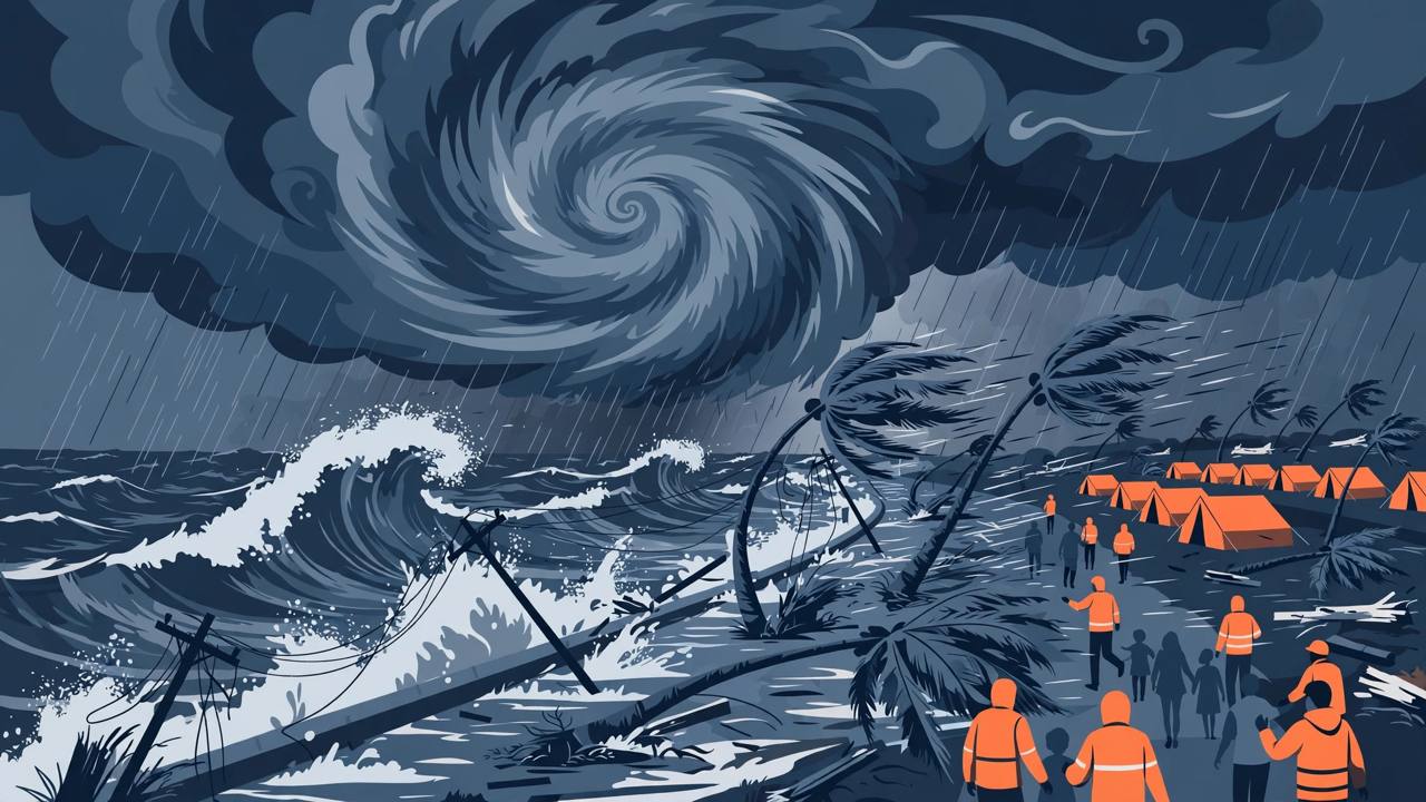 Editorial illustration of a huge cyclone spiral over a raging sea slamming an Indian coastline, with waves over a coastal road, bent palm trees, snapped power lines and generic rescue workers in orange jackets guiding generic families toward relief tents