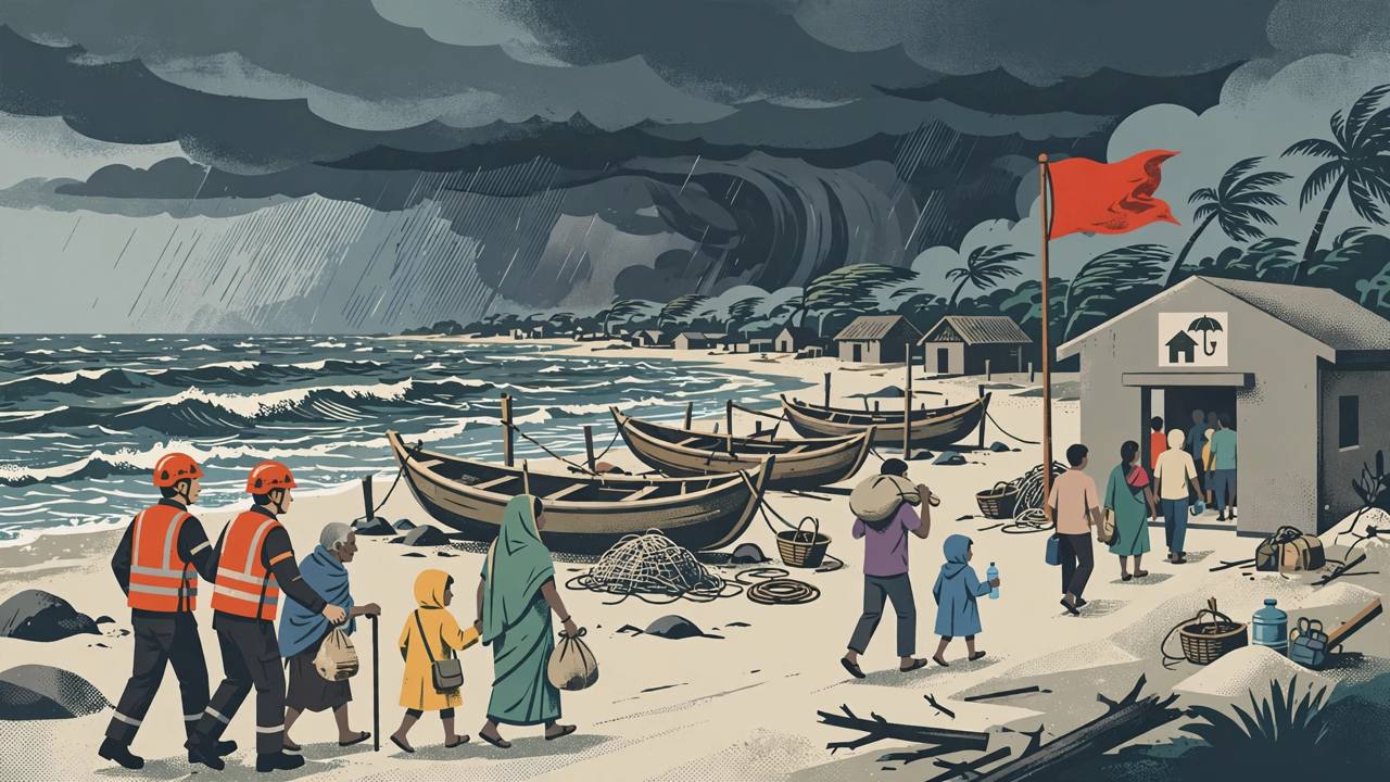 Rescue workers helping coastal families toward a cyclone shelter as storm clouds gather over the sea (Editorial illustration)