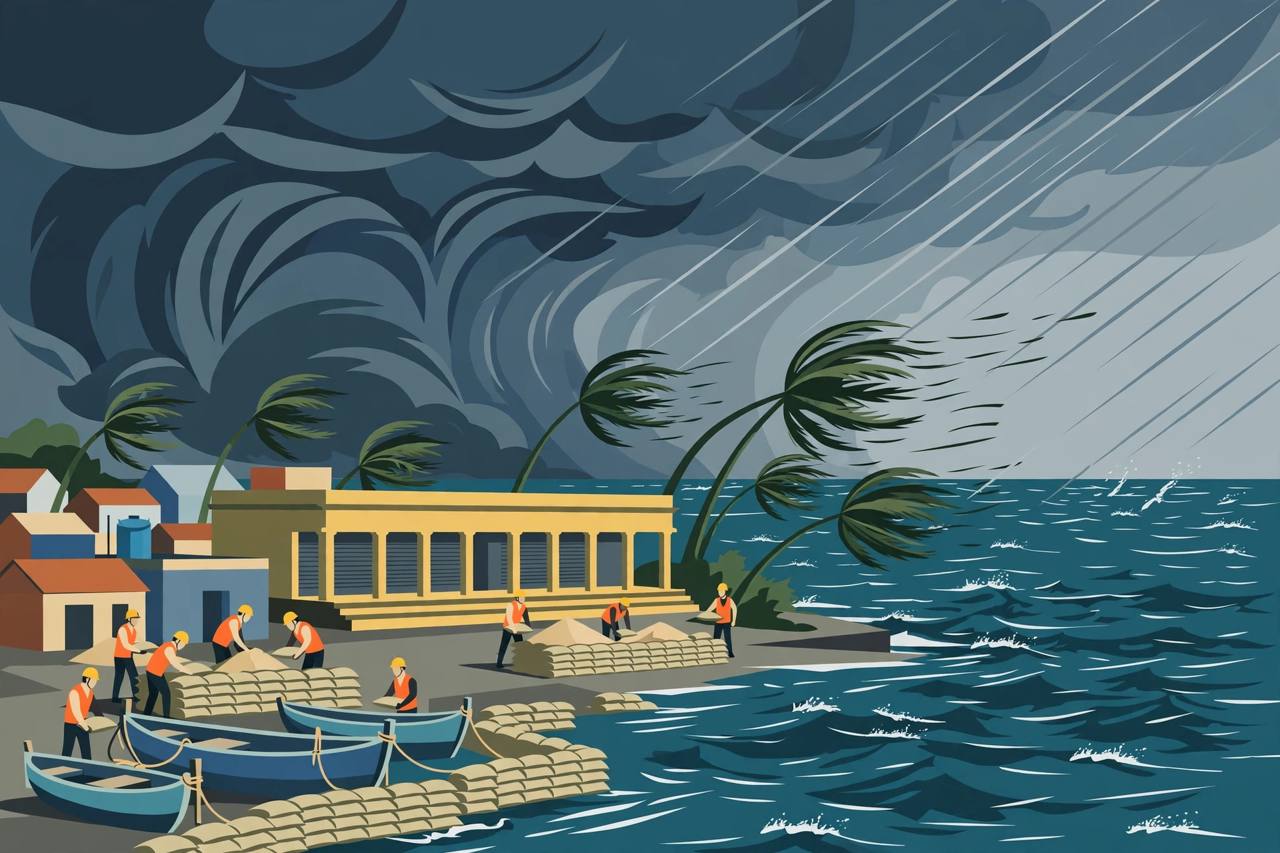 Editorial illustration of rescue workers preparing near a closed school building on the Odisha coast as storm clouds gather over the sea