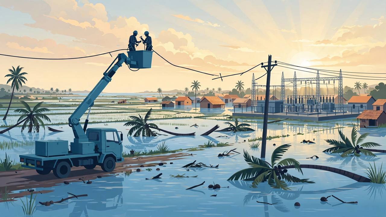 Editorial illustration of electricity workers on a cherry-picker restoring power lines in a flooded coastal village in Andhra Pradesh after a cyclone, with fallen palm trees and a substation