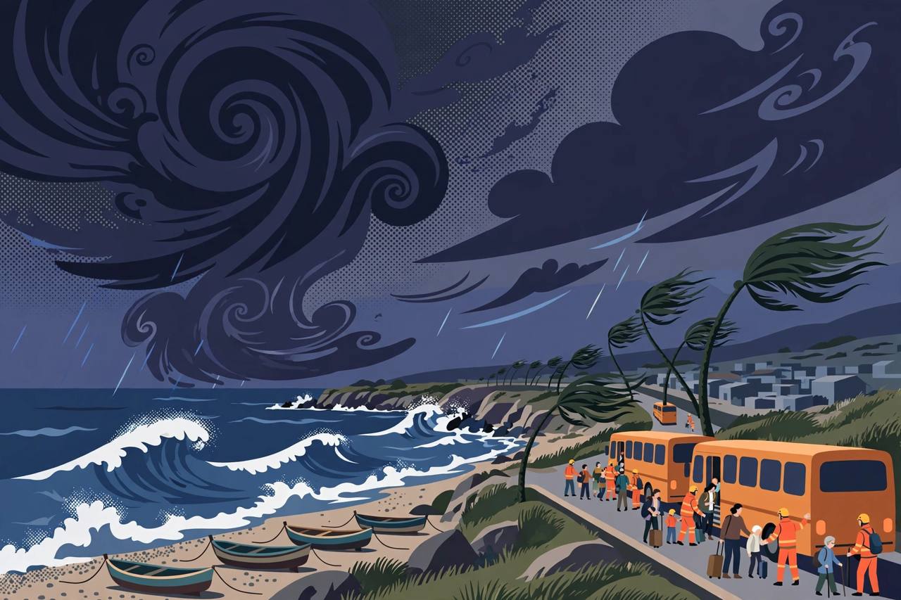 Cyclone storm clouds over a coastline with high waves, fishing boats pulled ashore and people boarding orange evacuation buses (Editorial illustration)