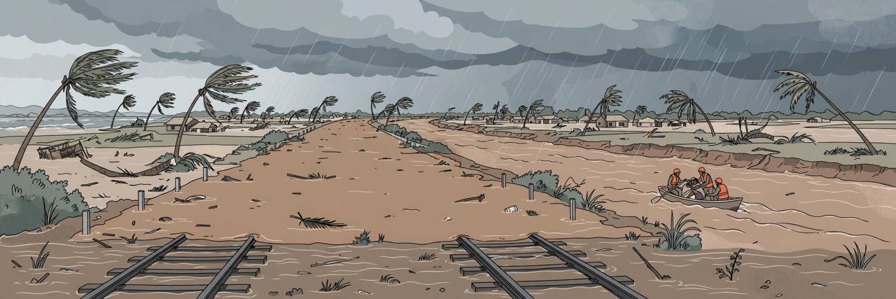 Editorial illustration of a flooded coastal highway and submerged railway tracks in Andhra Pradesh after Cyclone Arnab, with rescue workers in orange vests in a boat