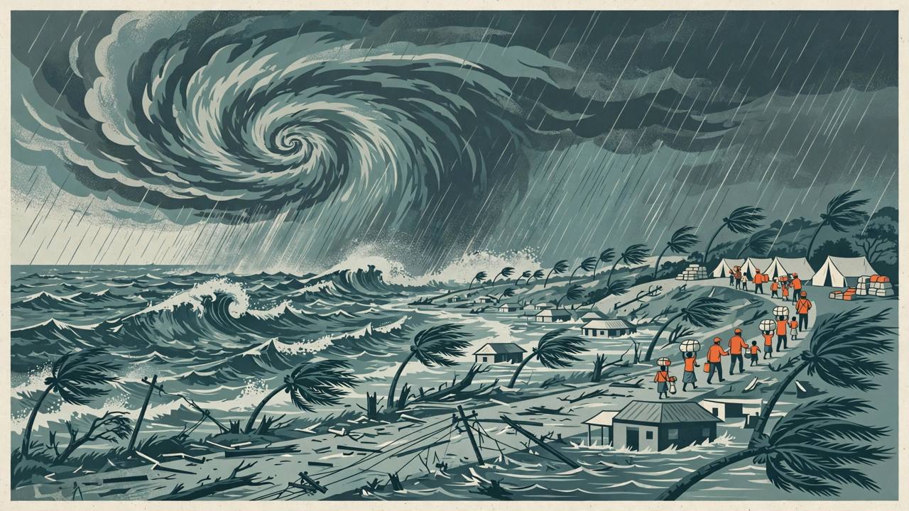 Editorial illustration of a huge cyclone spiral stalled half over a raging sea and half over the Andhra Pradesh coast, with waves flooding low-lying homes, bent palm trees, snapped power lines and generic relief workers in orange jackets guiding generic families toward relief tents