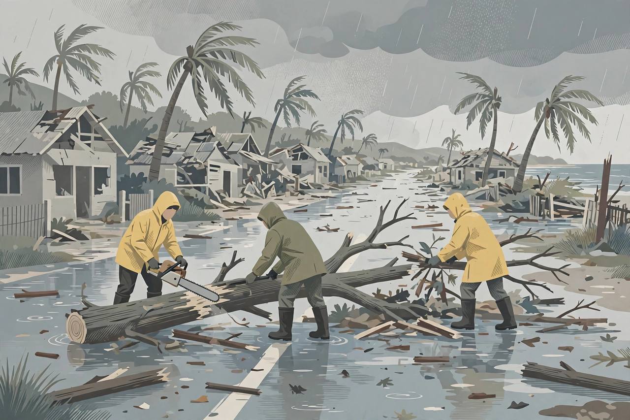 Editorial illustration of relief workers in rain gear clearing a fallen tree from a flooded coastal road, damaged houses behind, no victims shown