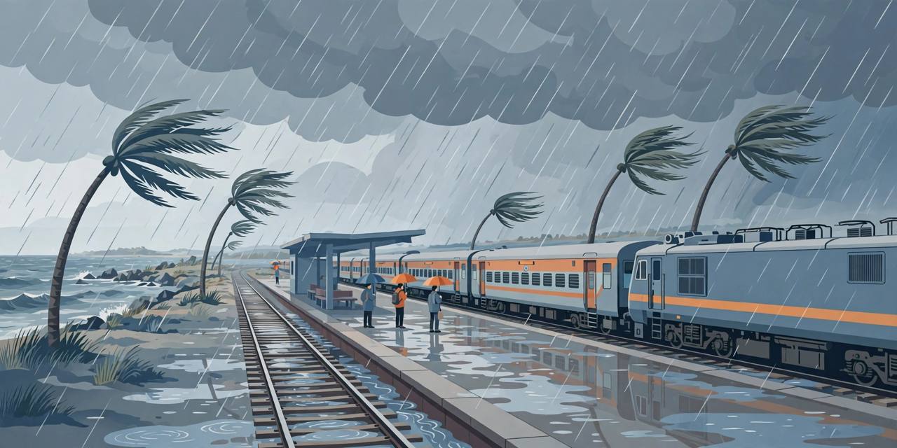 Editorial illustration of a passenger train halted at a rain-soaked coastal station during Cyclone Arnab, with palm trees bending in the wind