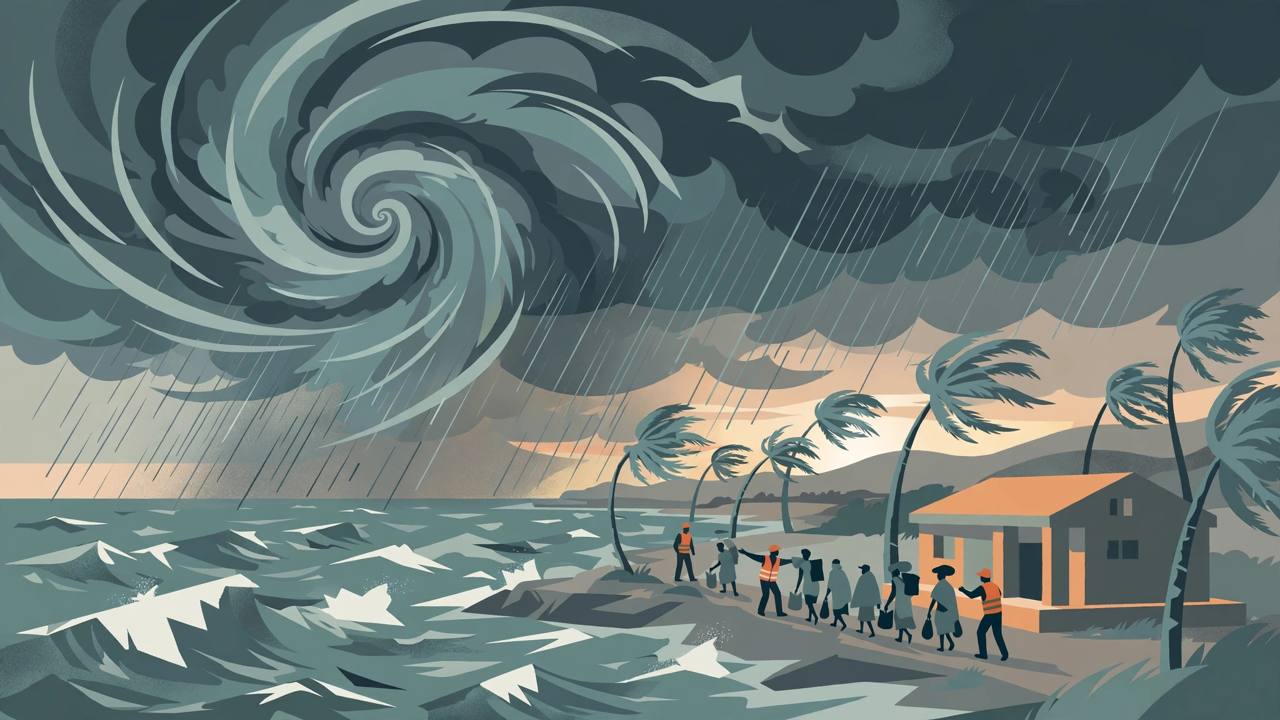Editorial illustration of a cyclone approaching a coastline, with generic villagers guided by rescue workers towards a shelter