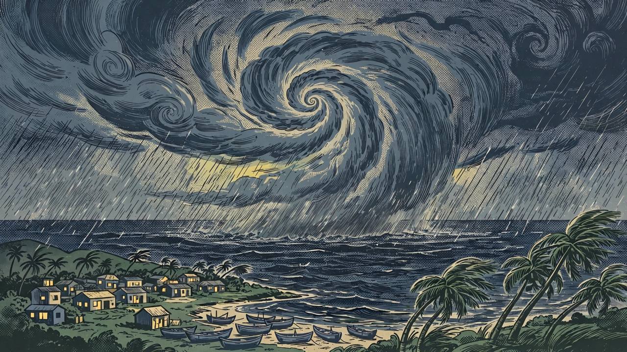 Editorial illustration of a huge spiral cyclone over a dark sea approaching a coastal village with fishing boats pulled ashore and palm trees bending in the wind