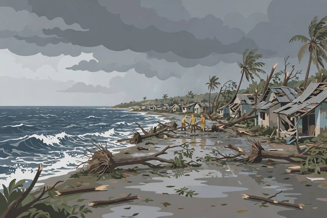 Editorial illustration of a cyclone-battered Andhra Pradesh coastline after landfall, with uprooted trees, damaged houses and generic relief workers clearing debris, no victims depicted, no real person's likeness