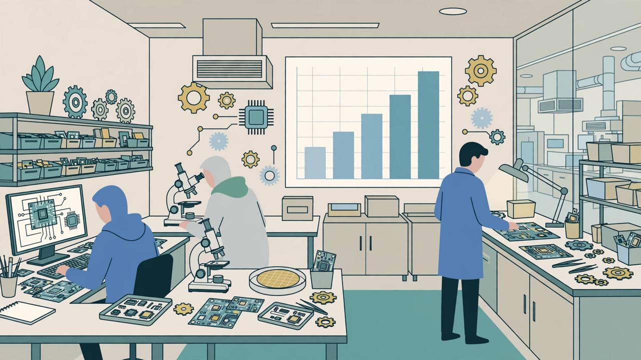 Editorial illustration of a semiconductor and engineering laboratory with generic engineers, circuit boards, gears and a rising bar chart