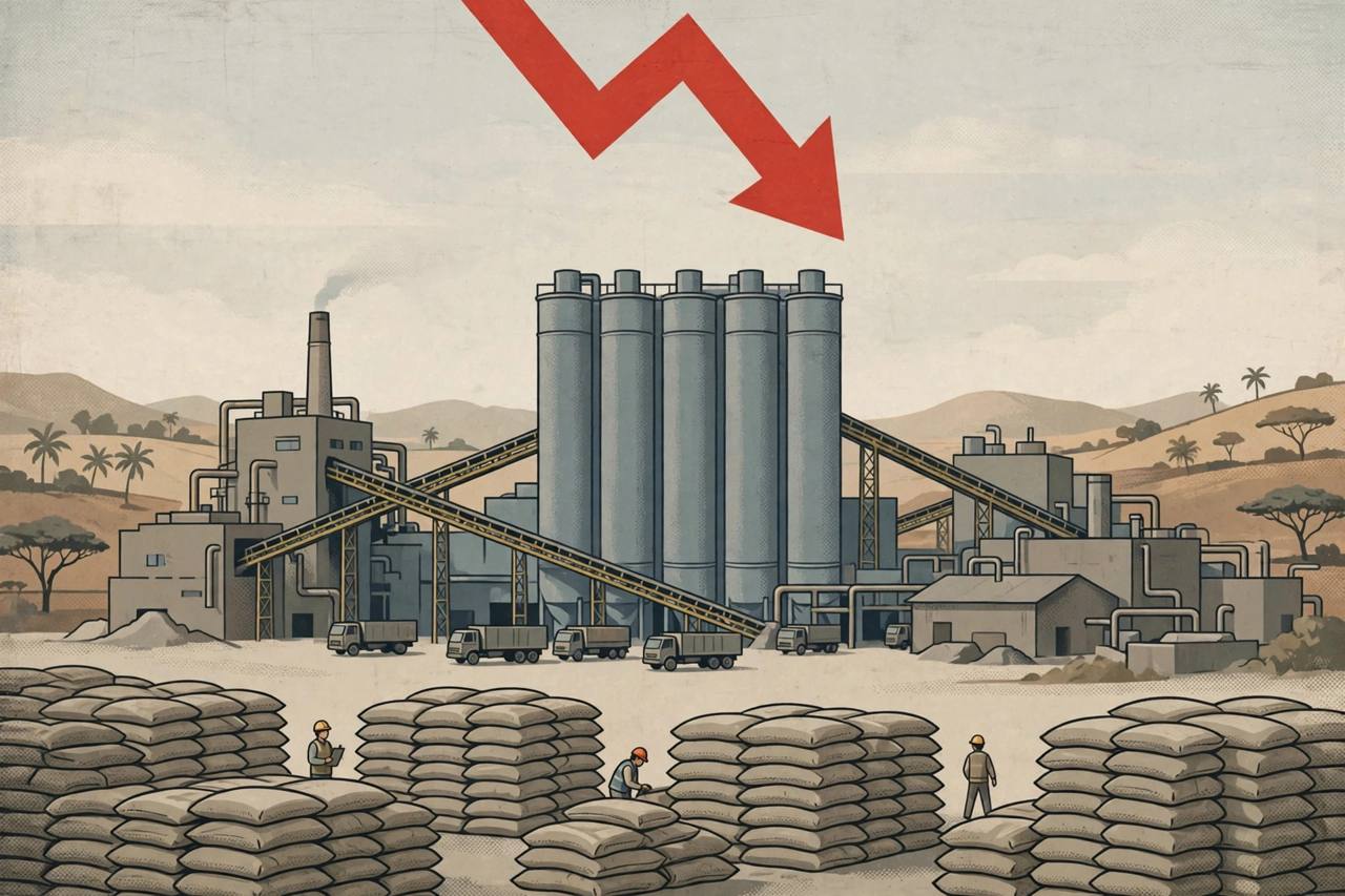 Editorial illustration of a cement factory with silos, trucks and a downward chart arrow