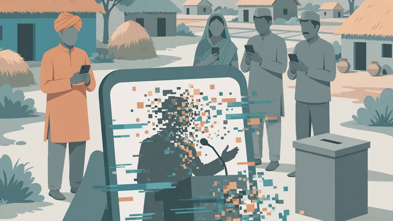 Editorial illustration of a smartphone showing a glitching generic politician video, suggesting a deepfake, with generic rural voters holding phones nearby