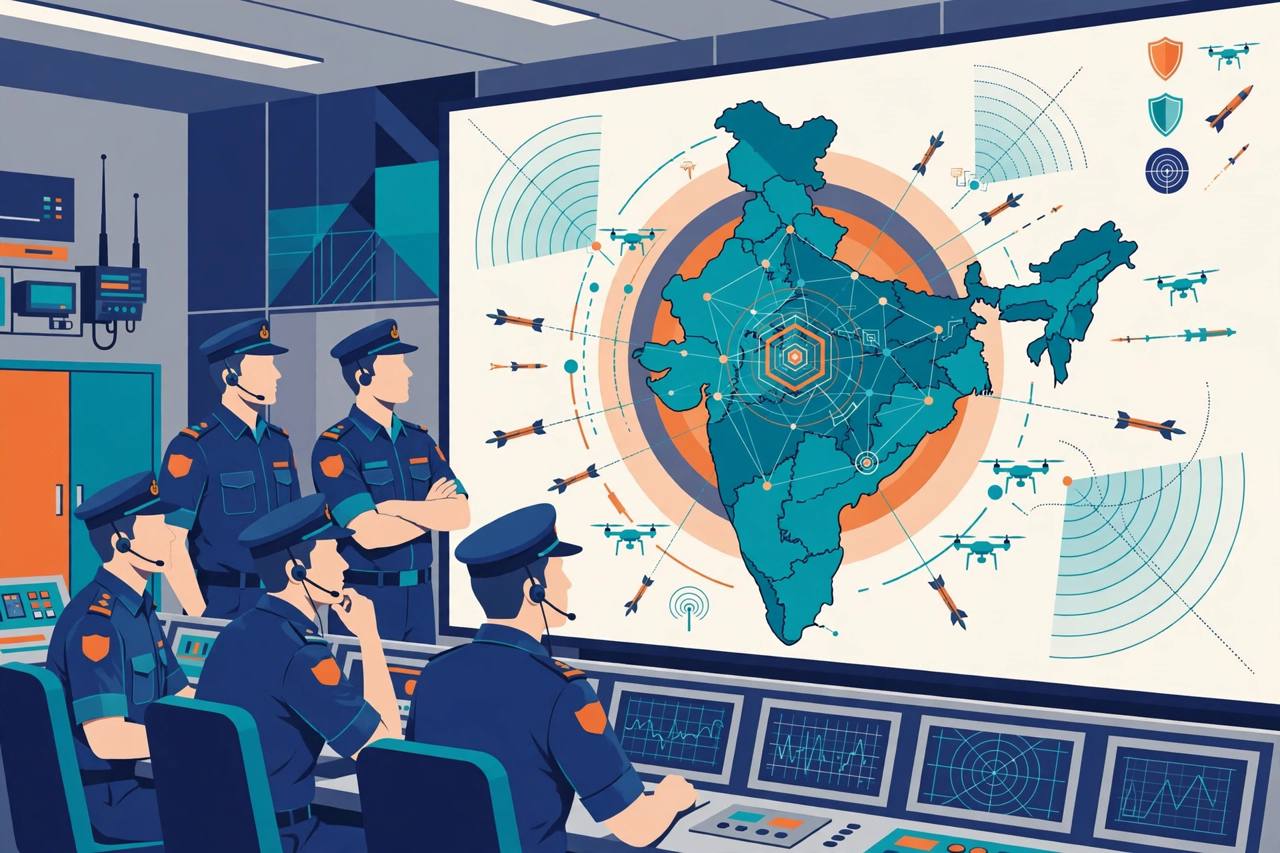 Editorial illustration of a defence control room with a digital map of India, layered air-defence shield, radar arcs and drones, generic figures
