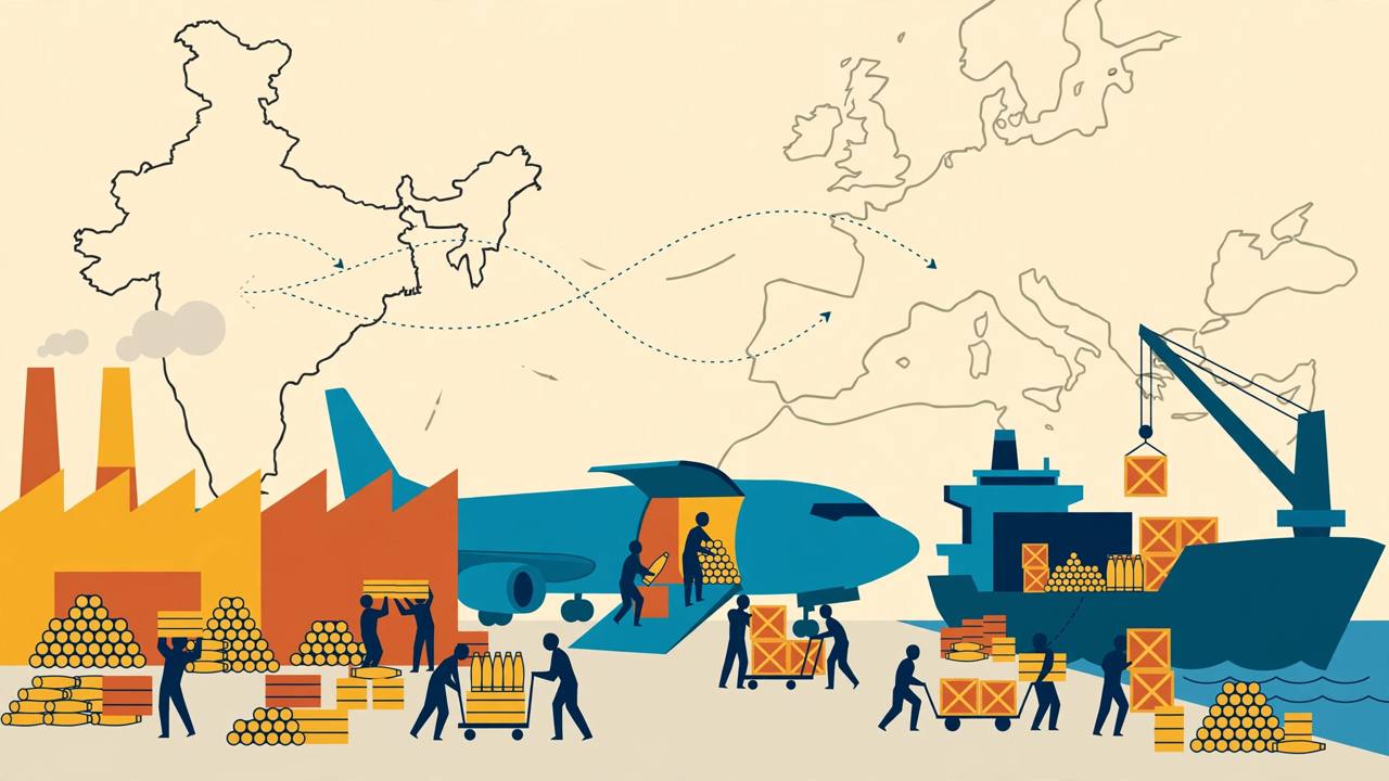 Editorial illustration of generic workers loading artillery shells and defence crates onto cargo transport for export, flat style