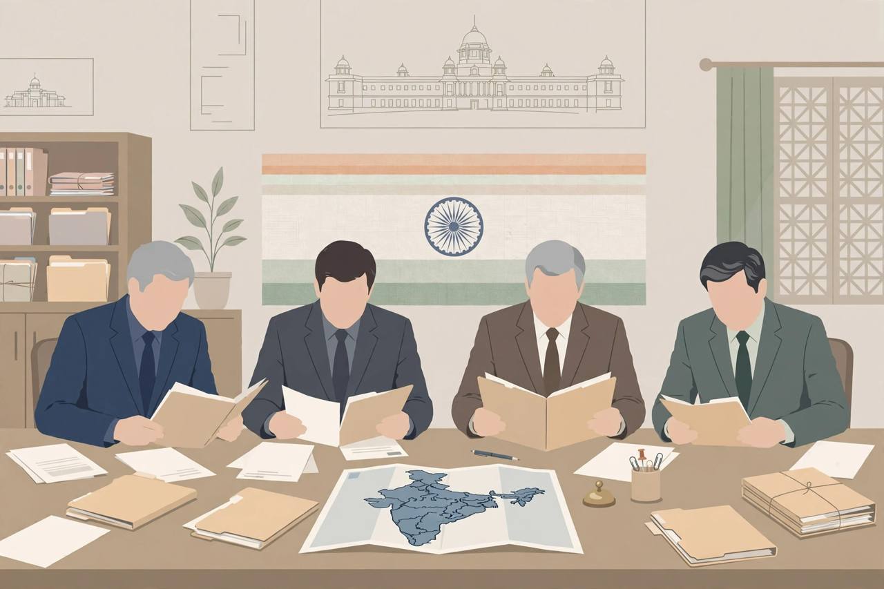 Editorial illustration of generic officials reviewing defence files at a table in a New Delhi government office