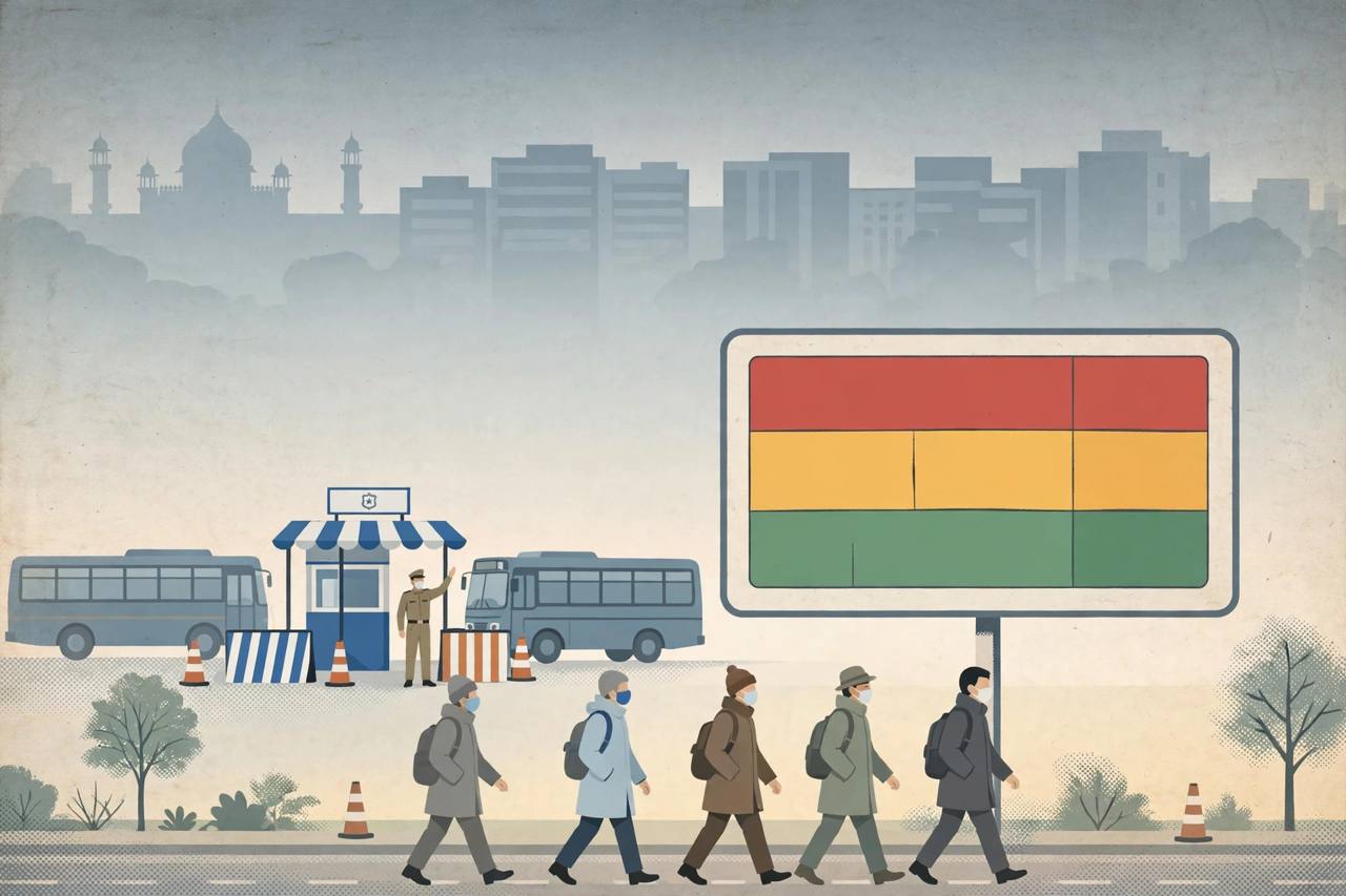 Editorial illustration of New Delhi in light haze with masked commuters, a bus checkpoint and an air-quality monitoring board