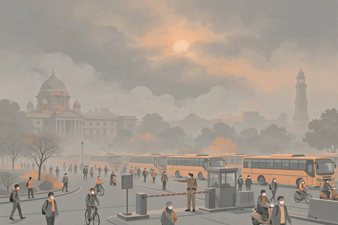 Editorial illustration of New Delhi in thick smog haze with masked commuters and a traffic police officer checking buses at a checkpoint