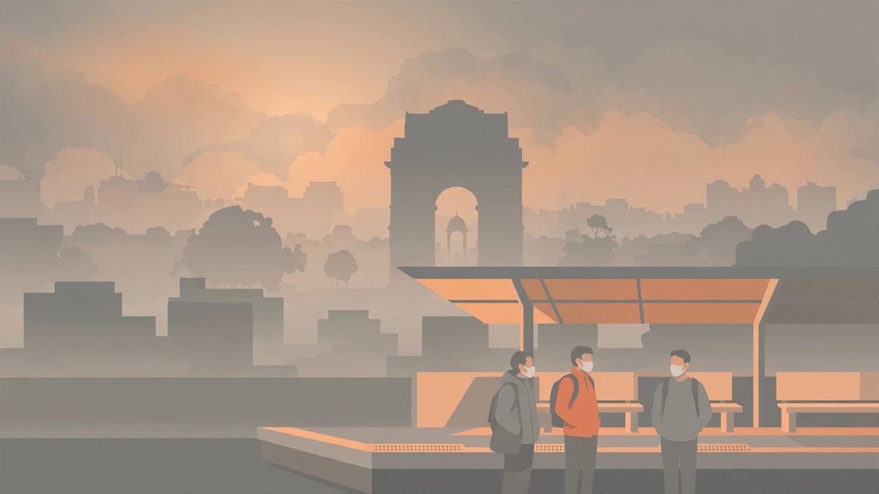 Editorial illustration of a generic Delhi skyline in morning haze with masked metro commuters — flat style, no text, no real person's face