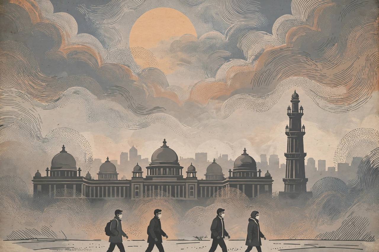 Editorial illustration of Delhi skyline in thick smog haze with masked commuters