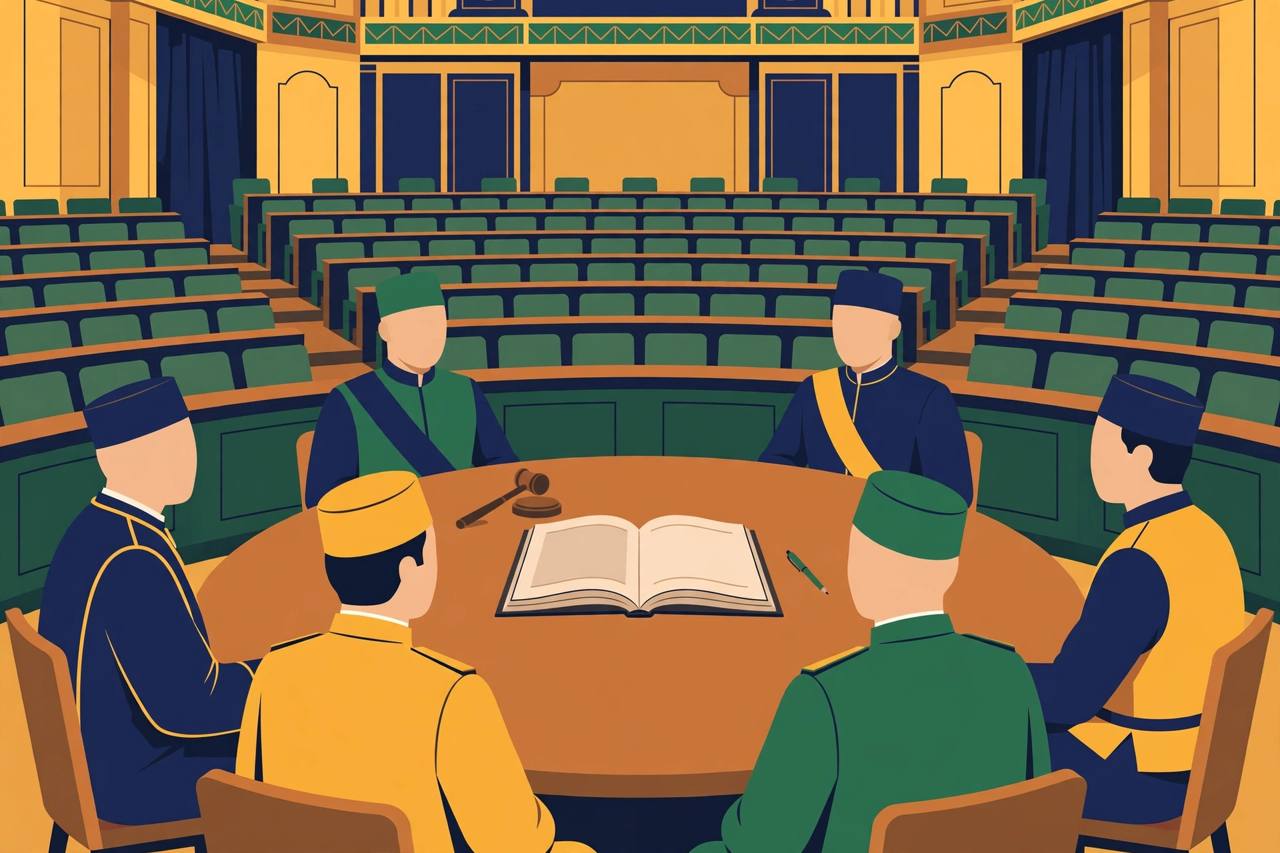 Editorial illustration of generic presiding officers around a conference table with an open rulebook in a legislative chamber