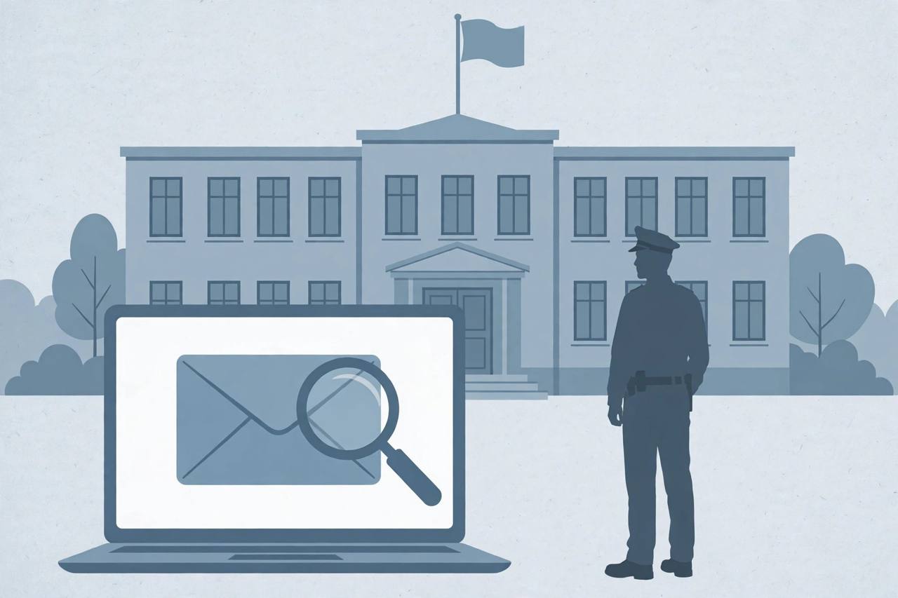 Neutral editorial illustration of a school building and a laptop with an email envelope under a magnifying glass