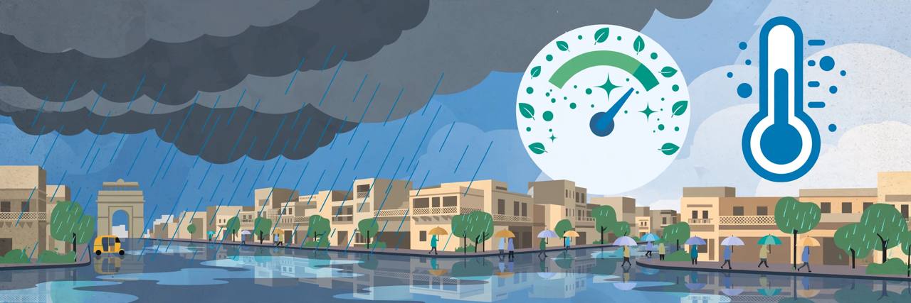 Editorial illustration of rain over a Delhi street with umbrellas, a thermometer and a clean-air gauge