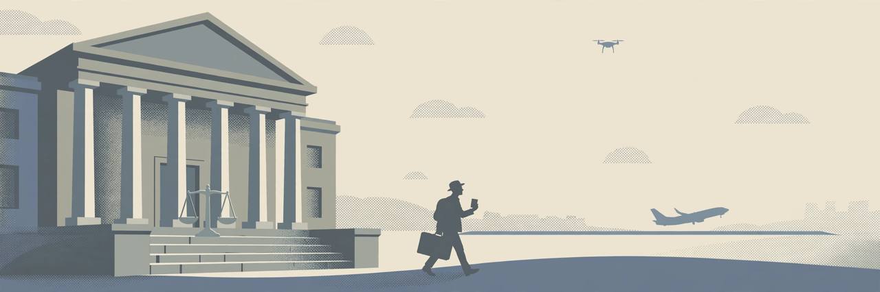 Editorial illustration of a courthouse with tall pillars, a generic traveller with a suitcase walking toward an airplane, and a small drone silhouette in the sky