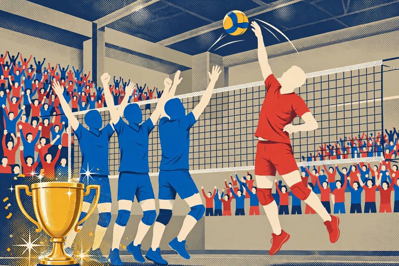 Editorial illustration of volleyball players celebrating a championship win in an indoor stadium, with a trophy in the foreground