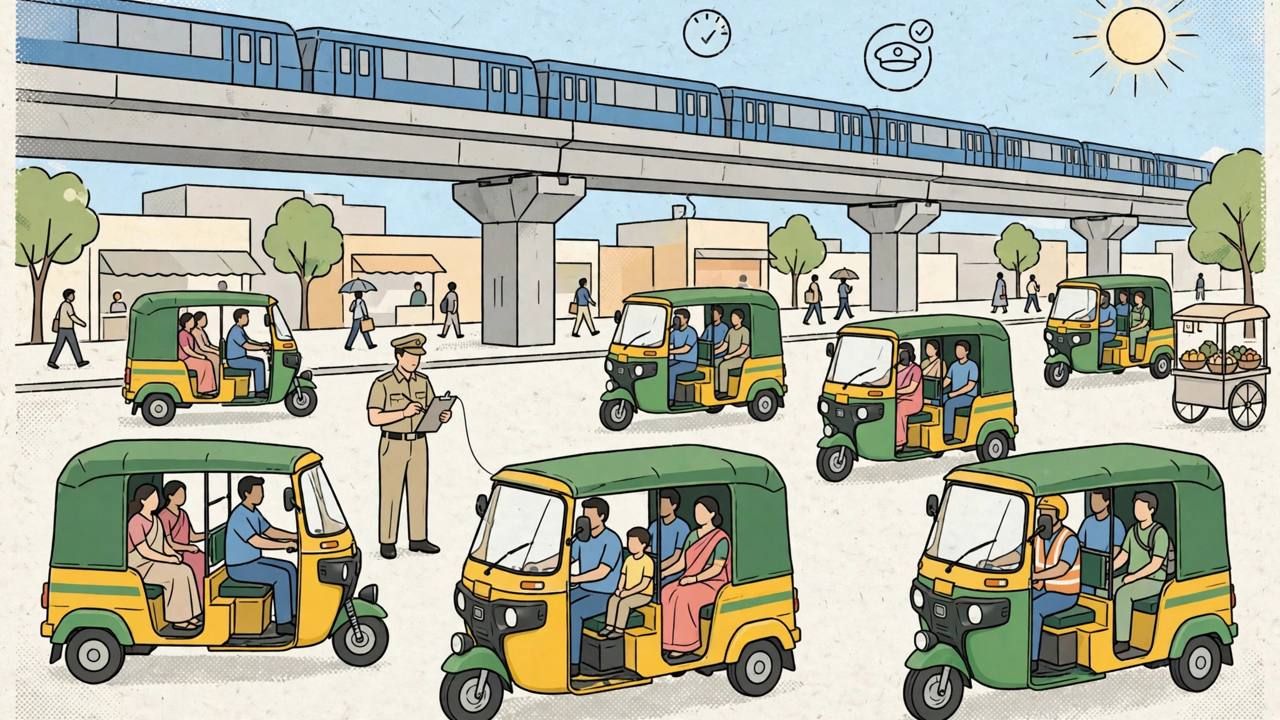 Editorial illustration of e-rickshaws on a Delhi street with a traffic officer holding a clipboard - no real person's face