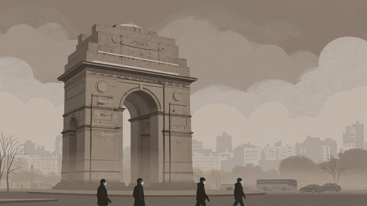 Editorial illustration of India Gate shrouded in smog in Delhi, with masked pedestrians